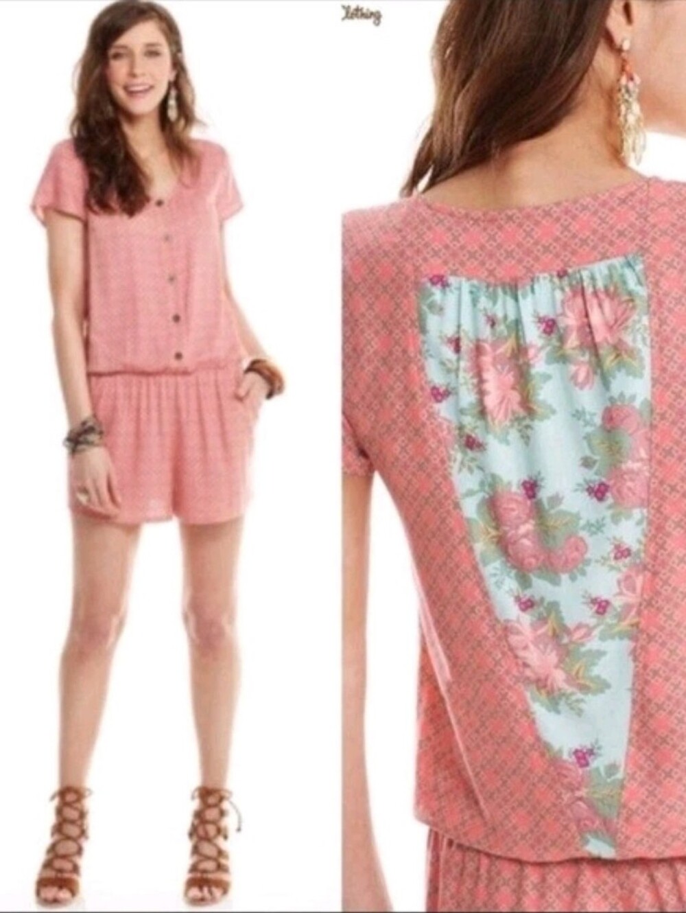 Matilda Jane Coral Pink Summer Solstice Romper Geo Floral Flower Womens Large